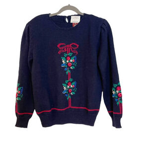 Susan Bristol Vintage Womens Hand Embroidered Christmas Pure Wool Sweater 38/ 8